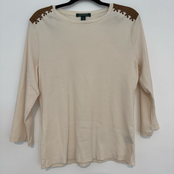 Ralph Lauren Tops - Ralph Lauren Vintage Western Cream 3/4 Sleeve Brown Suede-y Accents 100% Cotton